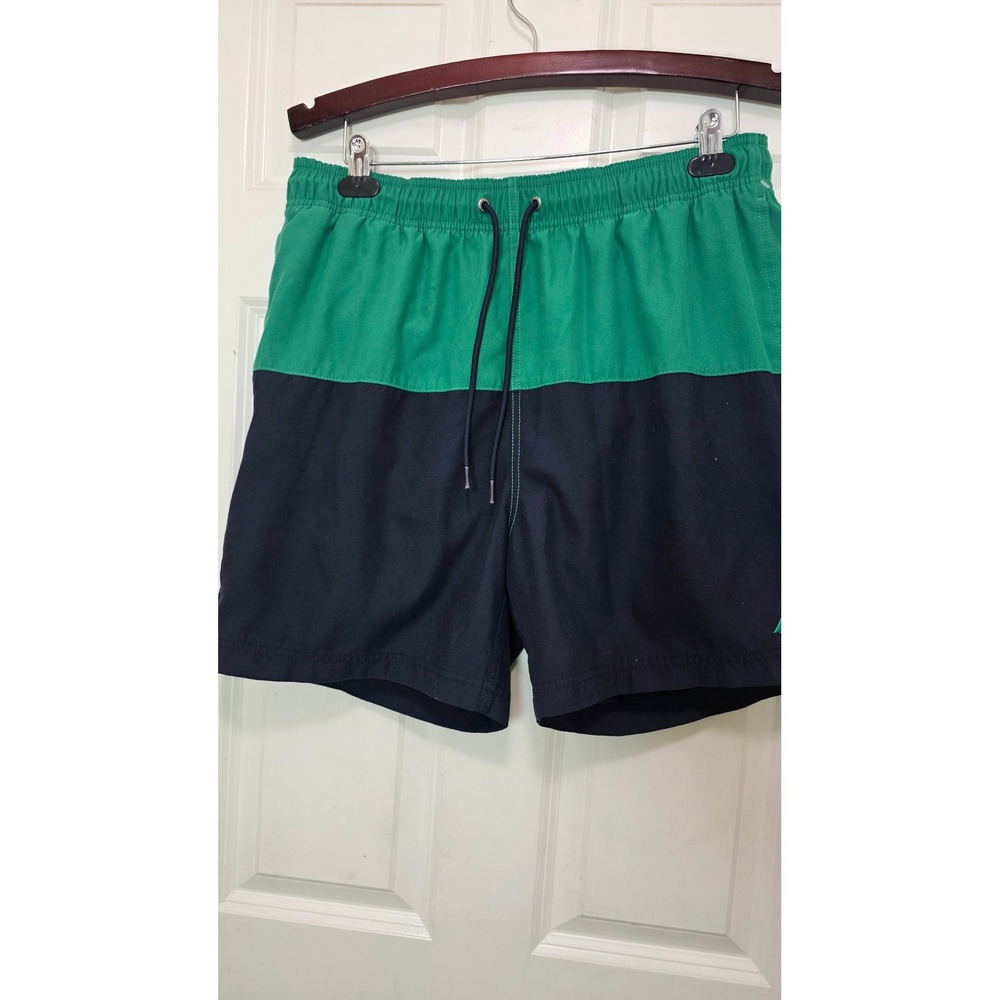 Nautica Swim Trunks Men's L Green Navy Blue Colorblock Board Shorts Vacation